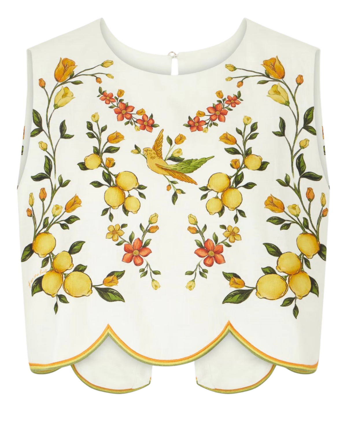 FARM RIO | Lemon bouquet embroidered linen-blend blouse