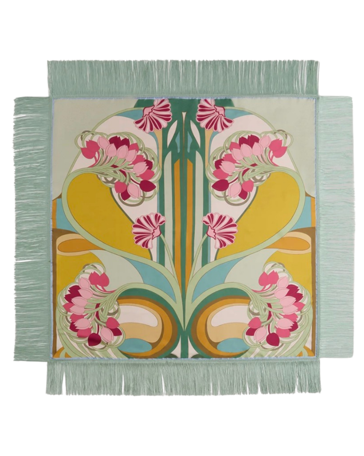 Reversible Fringe Foulard 90 Tulip Placée Green in Silk Twill