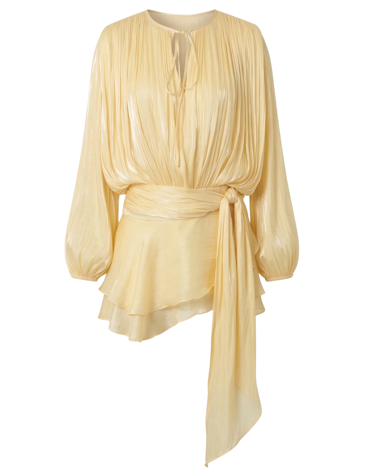 MODENAIRE | Pleated Long Sleeve Mini Dress with Tie Waist and Keyhole Neck
