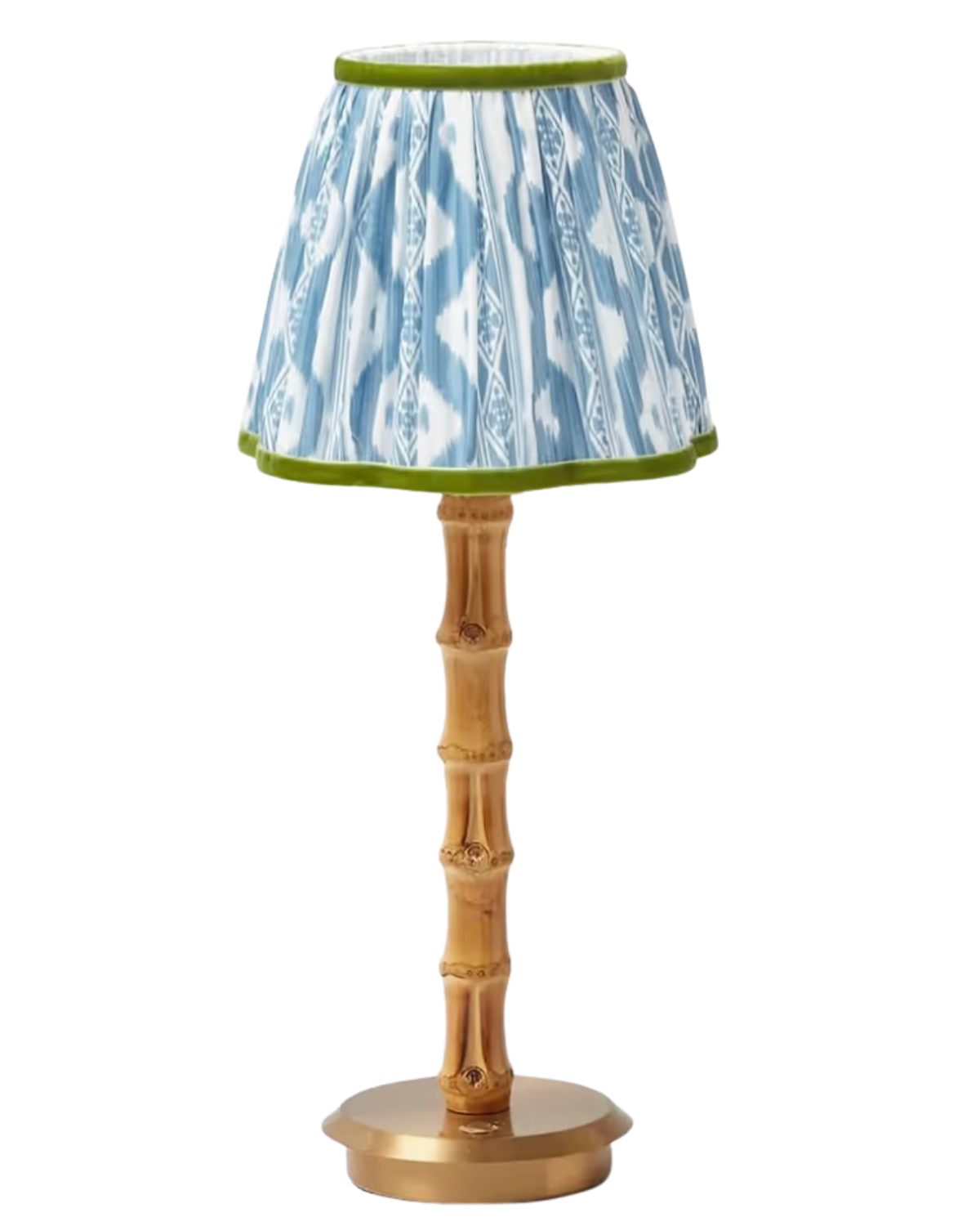 Bamboo Rechargeable Lamp with Blue & Green Ikat Shade (18cm)