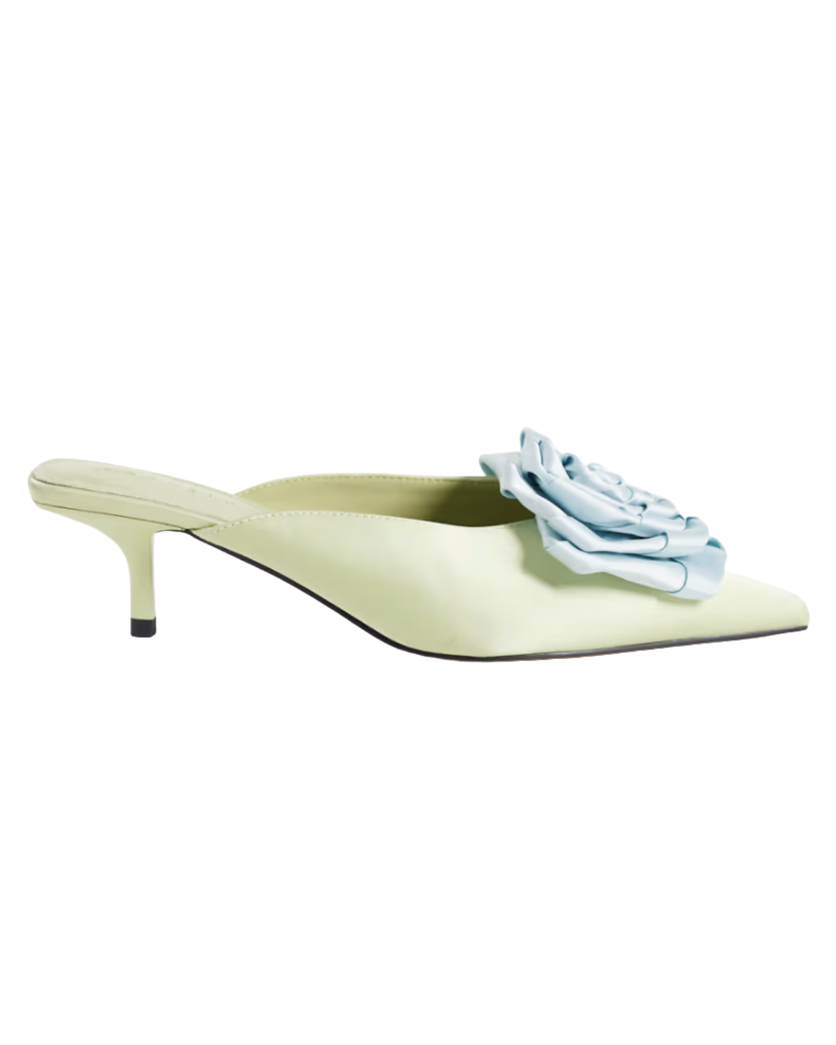 ASOS DESIGN Surprise corsage detail pointed kitten heel mules in mint and blue