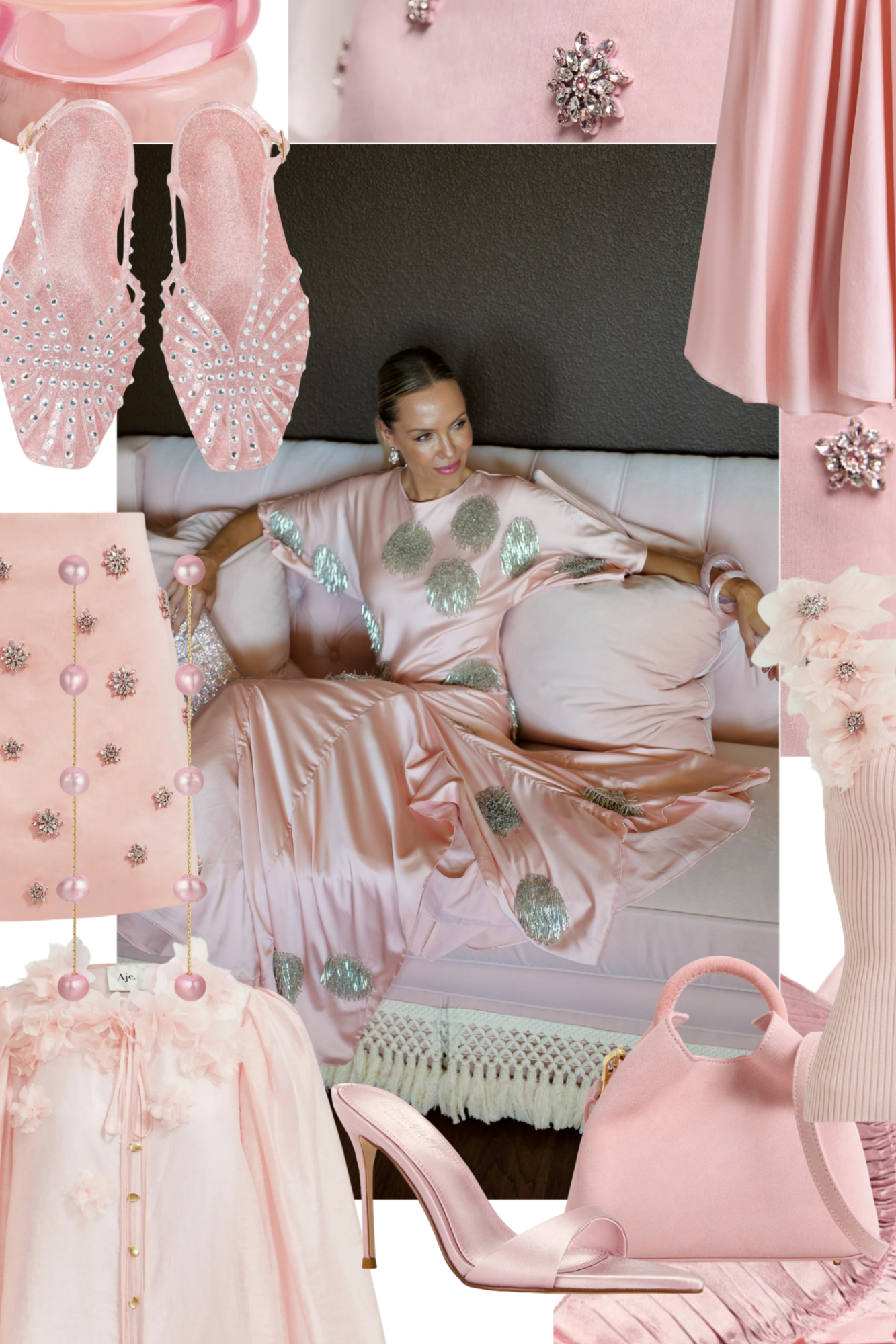 Editorial collage for the Ballet Pink fashion trend featuring a woman wearing a blush pink embellished satin maxi dress, surrounded by ballet pink handbags, heels, sandals, jewelry, floral details, and feminine accessories for Summer 2026.