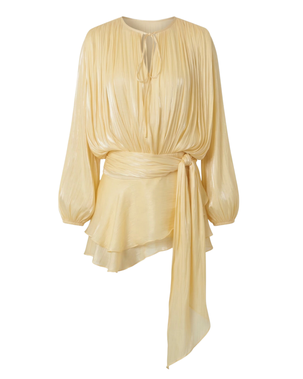 Pleated Long Sleeve Mini Dress with Tie Waist and Keyhole Neck