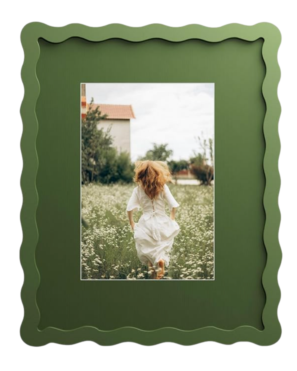 8x10 Picture Frame with Mat for 5x7, Wavy Edge Wooden Real Glass Photo Frame for Tabletop and Wall Hanging, Green, 1 Pack