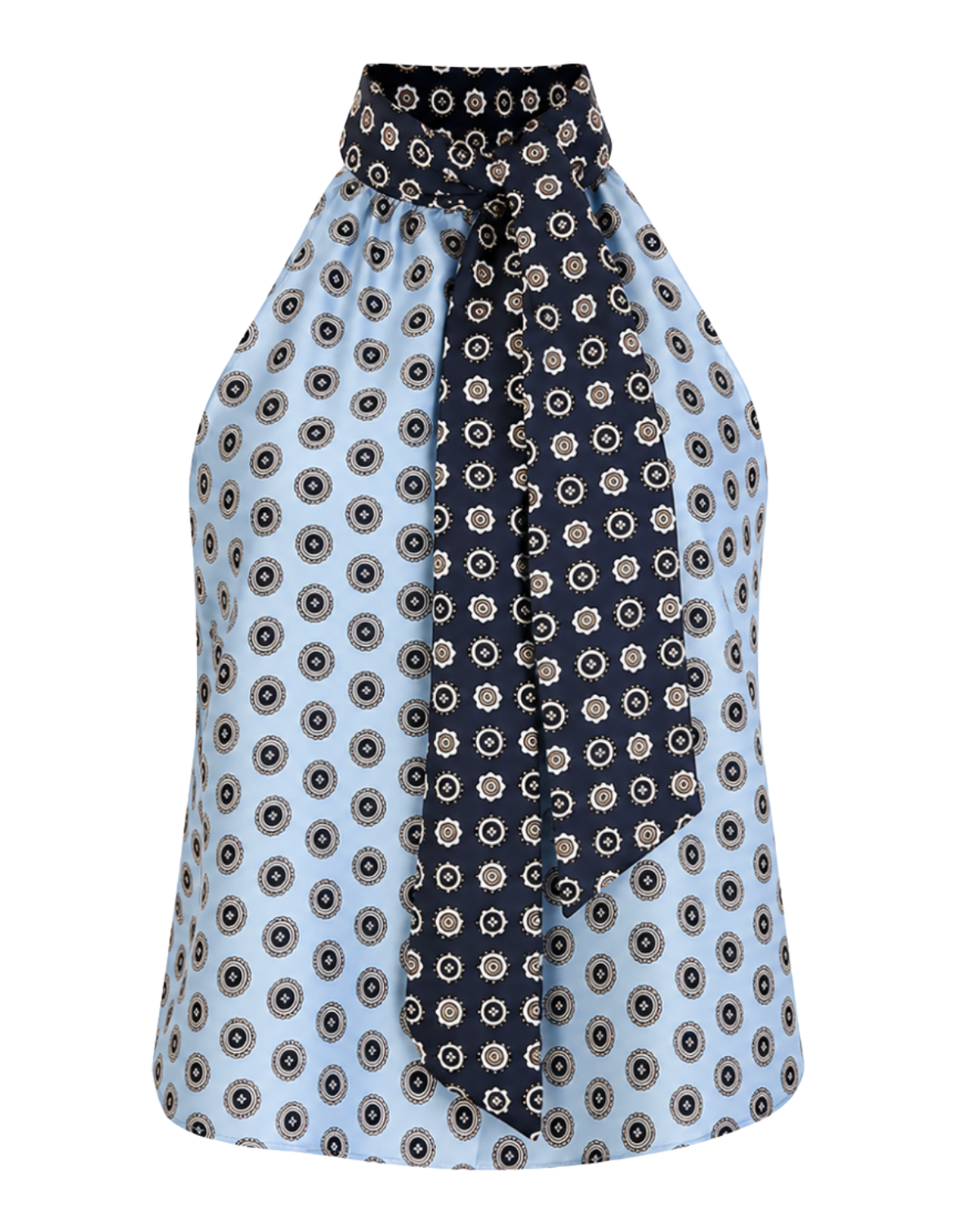 Geo Print Sleeveless Tie Neck Blouse