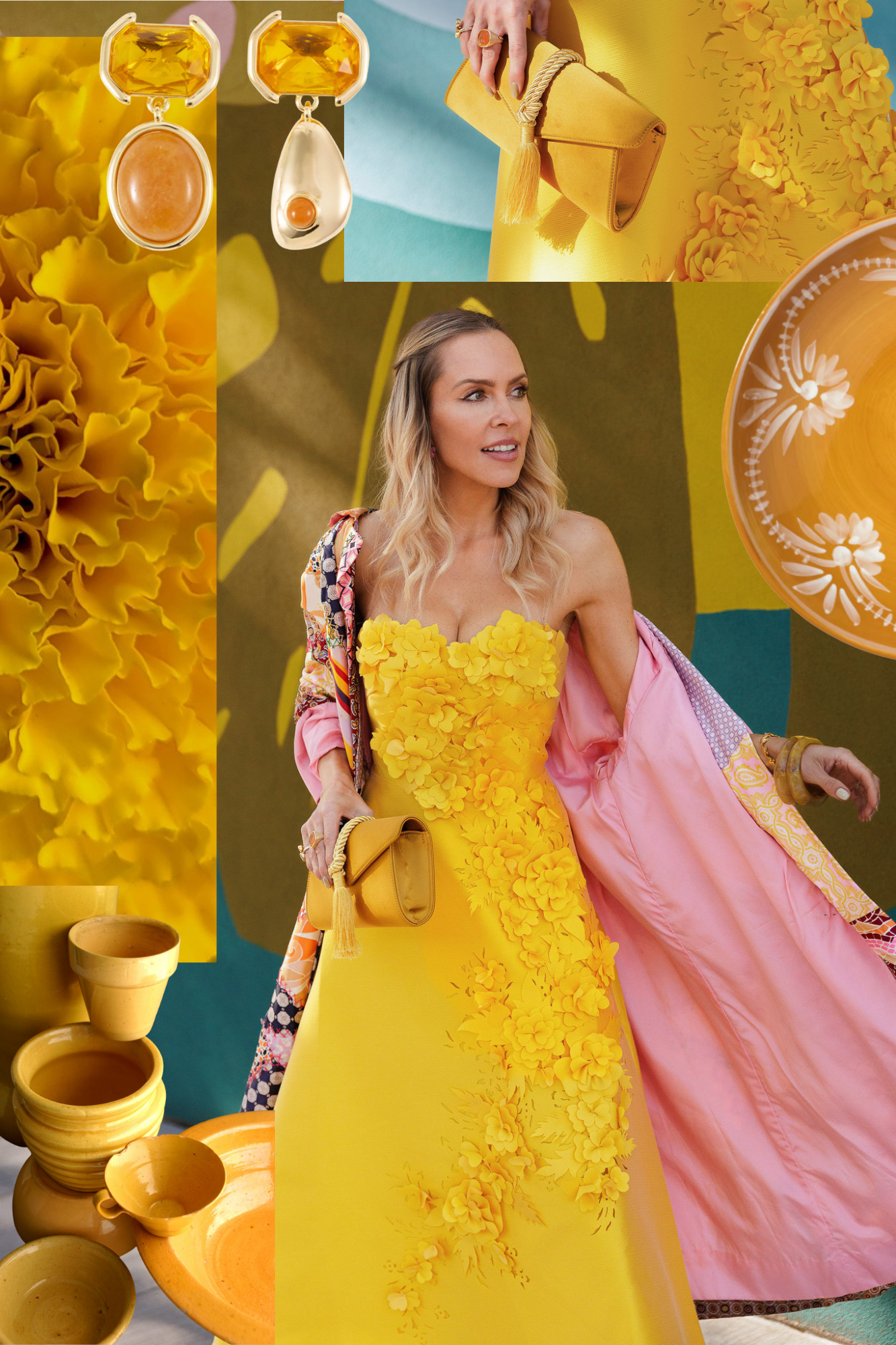 Marigold fashion collage featuring a yellow floral appliqué dress, marigold clutch, statement earrings and golden accessories.