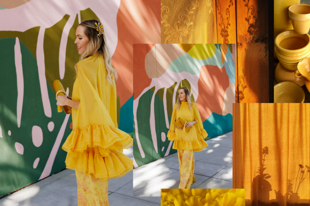 Marigold yellow floral appliqué dress styled with a Tuckernuck Gabrielle clutch for a statement fall fashion look.