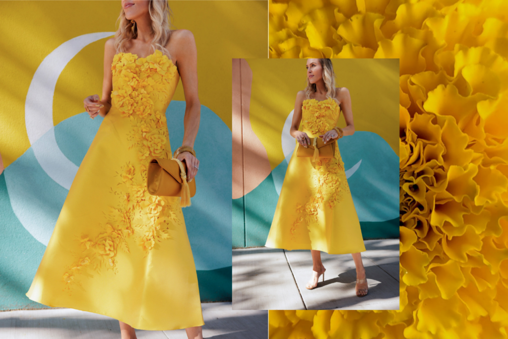 Marigold yellow floral appliqué dress styled with a Tuckernuck Gabrielle clutch for a statement fall fashion look.