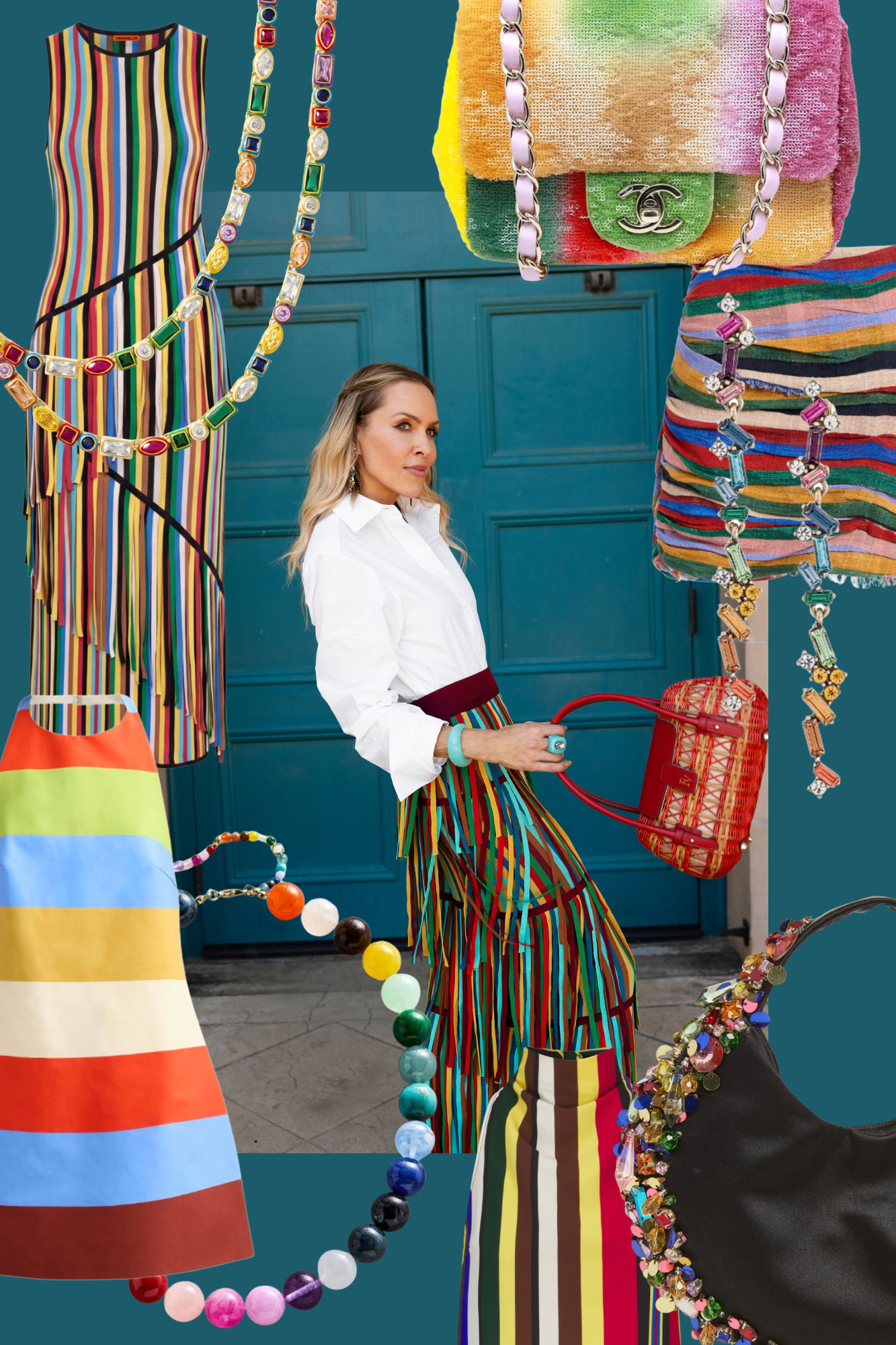 Colorful rainbow fashion collage featuring a woman in a rainbow fringe skirt surrounded by striped dresses, statement jewelry and multicolor handbags.