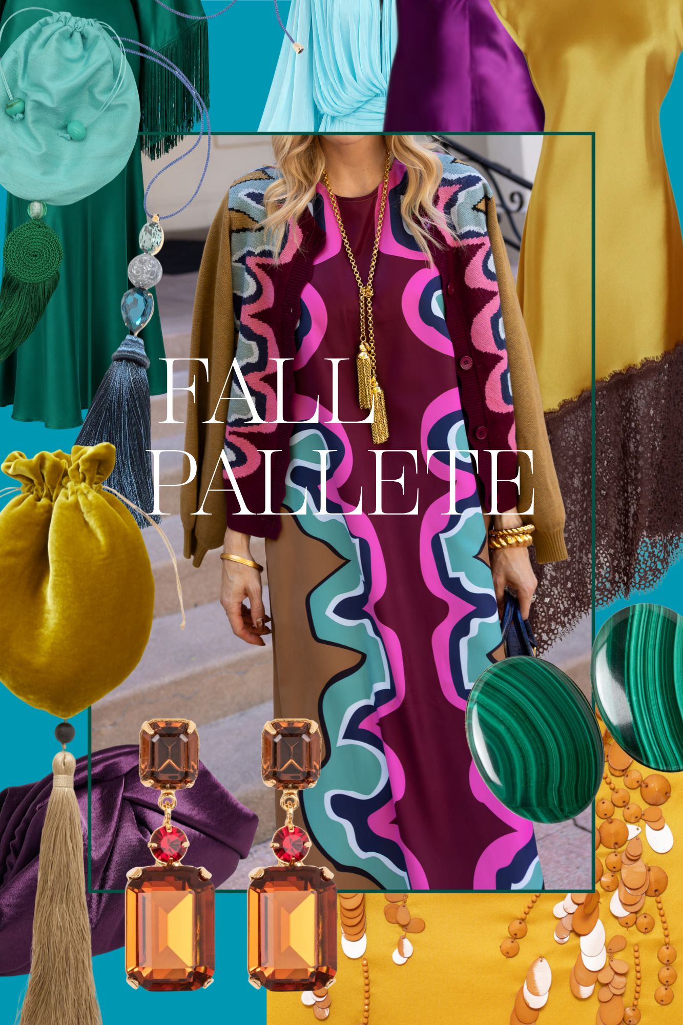 Fall jewel tone fashion edit featuring burgundy, emerald green, plum, topaz, golden ochre and bright blue clothing, jewelry and accessories.