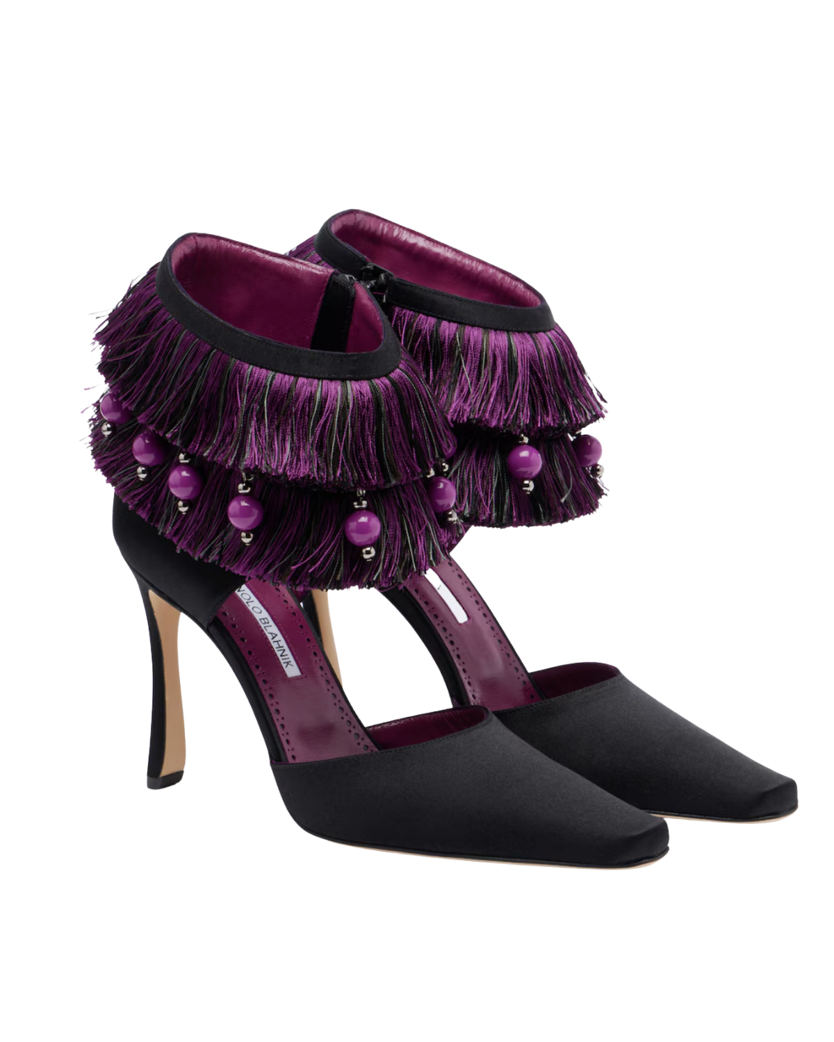 Manolo Blahnik Sorolla embellished fringed satin pumps